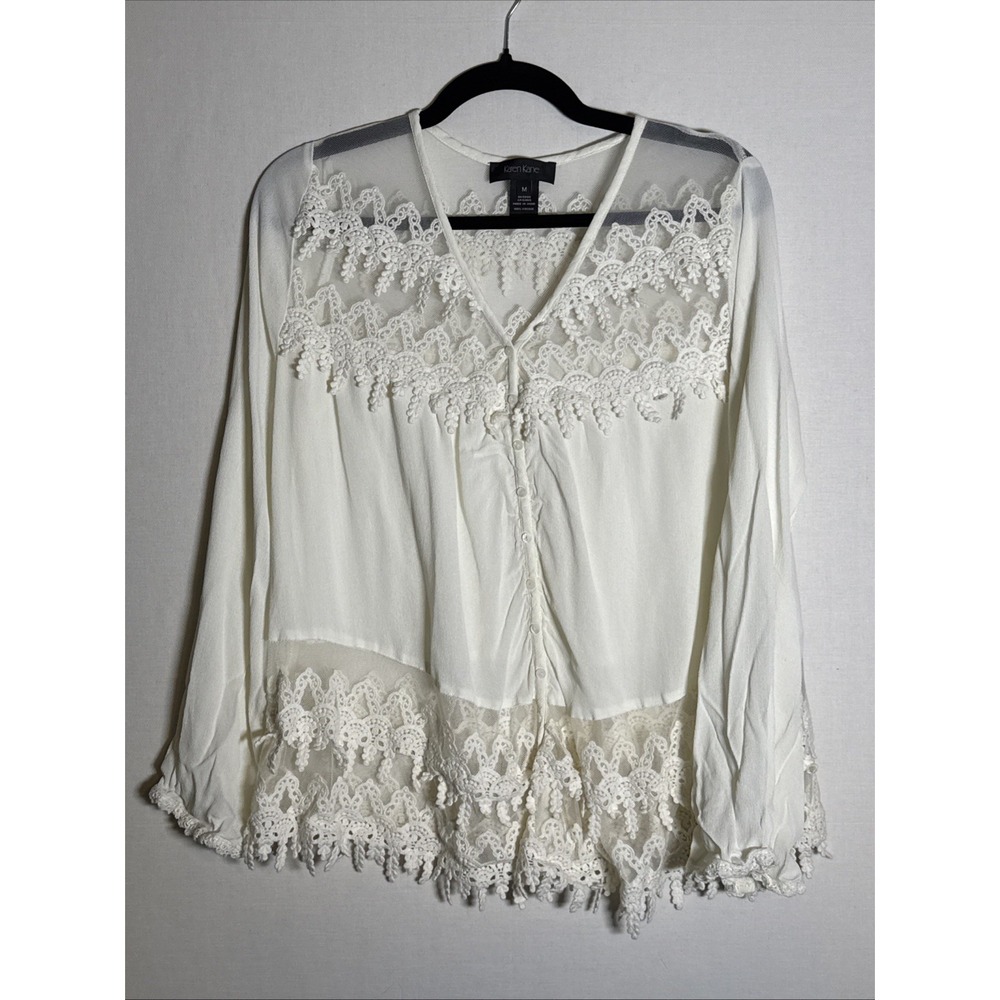Karen Kane Womens White Crochet Lace Sheer V-Neck Blouse Size M Boho Cottagecore